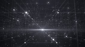 This 4K video displays an abstract digital background depicting a structural data grid or network. The visual documents a perspective-based arrangement of interconnected lines and dots moving across a dark field. The composition features glowing white points that intersect at geometric intervals, creating a futuristic cyber-network aesthetic. The footage highlights the mathematical precision of the grid, emphasizing depth, digital connectivity, and the visual representation of complex data systems through minimalist motion graphics. - Powered by Shutterstock - Get 15% off with code: PIKWIZARD15