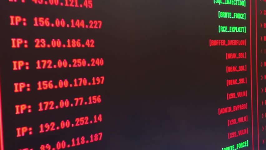 Scrolling IP Address and Exploit Log - Cyber Security