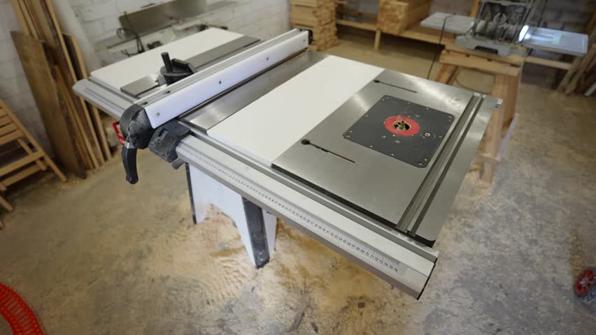 Stationary circular saw with a serrated metal blade. Combined table.