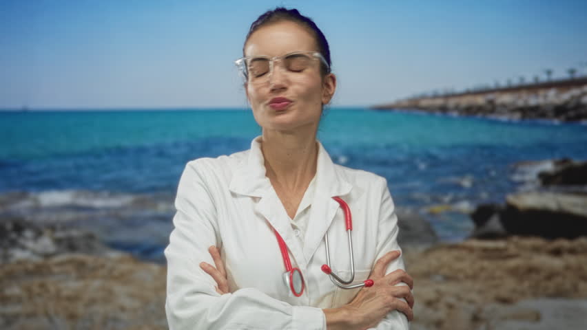 Woman doctor with stethoscope crossing arms and pursed lips in studio seaside set; stern resolve anger.