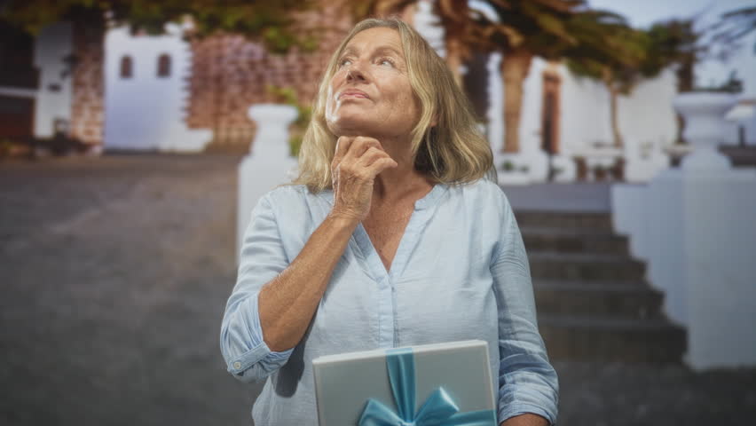 Senior woman holding a wrapped gift box with blue ribbon, hand on chin in front of white building steps, subtle smile and pondering gaze; reflective memory.