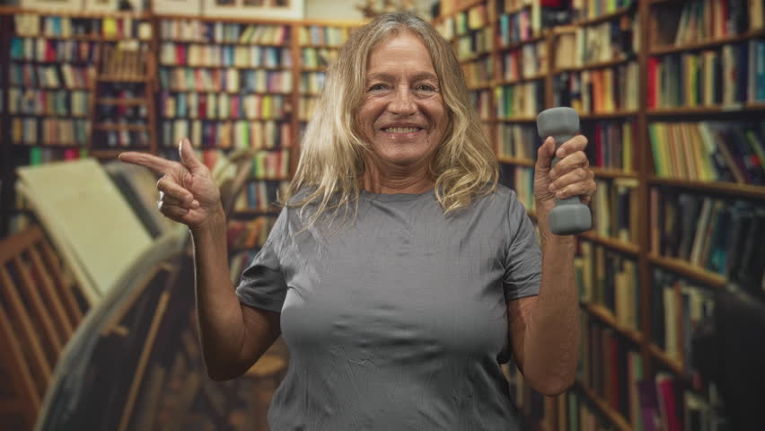 Senior woman, blonde, holding dumbbell in right hand, pointing finger and smiling in library aisle wearing gray t shirt; strength joy.