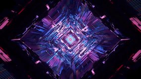 This 4K video features an abstract computer-generated visualization of a digital tunnel. The composition documents geometric, circuit-like patterns highlighted by vibrant pink and blue neon lighting. The perspective creates a rapid forward motion through a high-tech corridor, representing data flow and digital infrastructure. The visual emphasizes architectural symmetry, glowing technological pathways, and the interplay of light and shadow within a cybernetic environment, illustrating concepts related to artificial intelligence and blockchain connectivity. - Powered by Shutterstock - Get 15% off with code: PIKWIZARD15