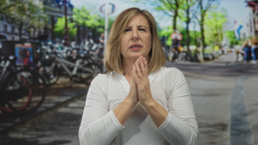 Caucasian middle aged woman in white shirt folds arms hugging herself on busy urban street; cold discomfort.