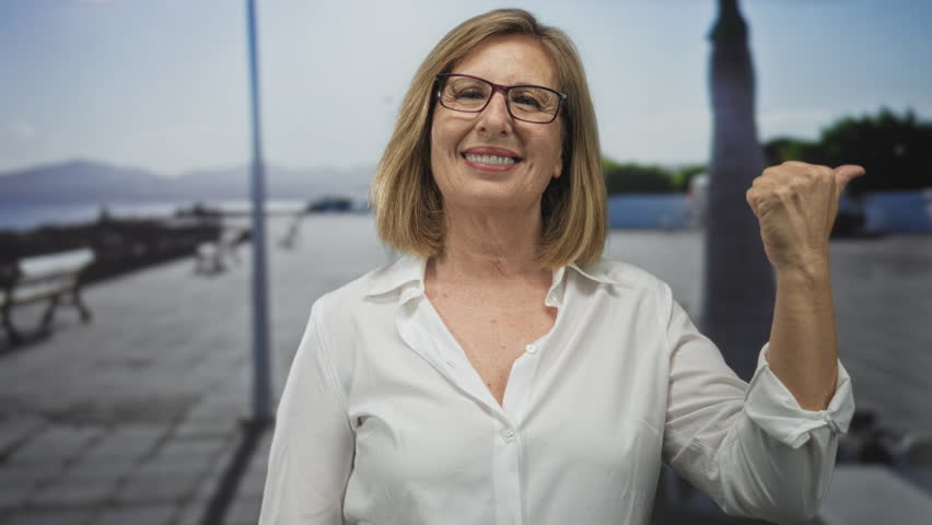Woman points thumb to street on a seaside promenade with boardwalk stretches and benches over clear daylight by the waterfront; invitation joy.