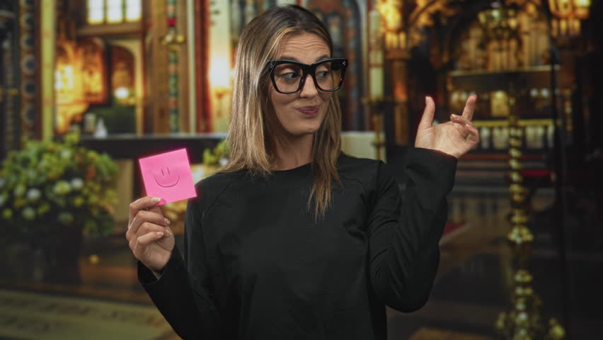 Woman holds pink sticky note with smiley near her face wearing black glasses and black top in church building; playful reflection.