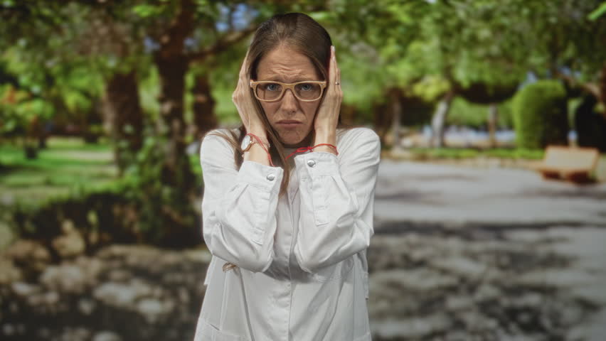 Hispanic young woman scientist covering ears with hands in a forest setting; discomfort noise sensitivity.