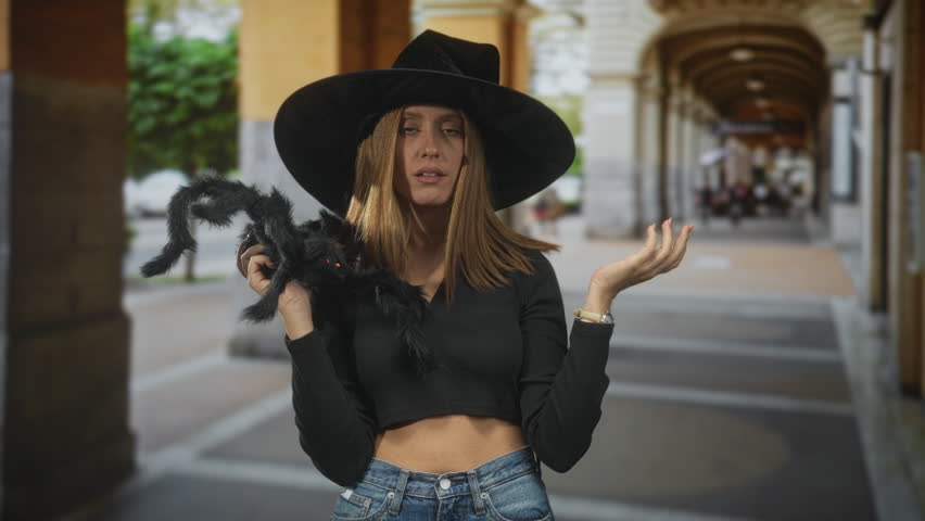 Woman redhead holding a large faux spider and wearing a witch hat, showing midriff and gesturing in an arched street arcade with stone columns; playful halloween.