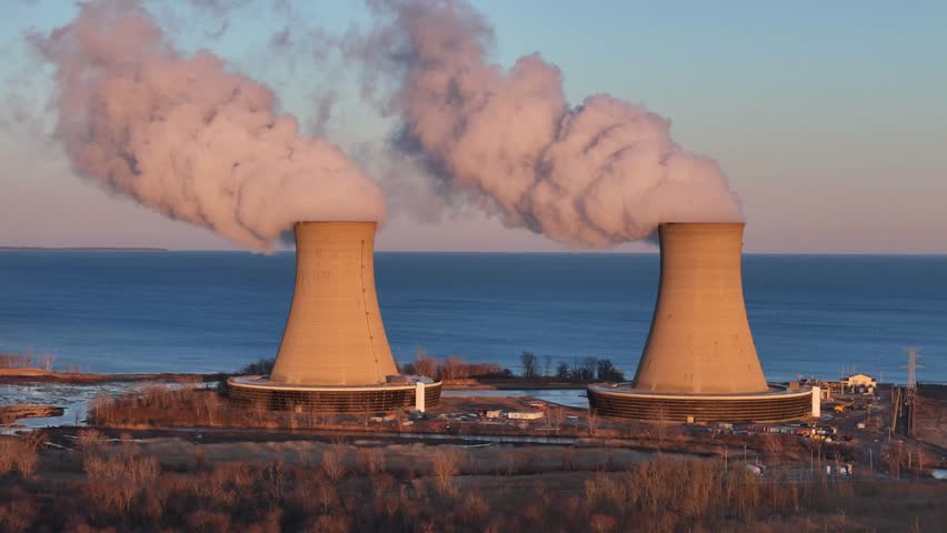 Nuclear power station near lake eerie at sunset emitting large plumes of vapor dynamic aerial clip