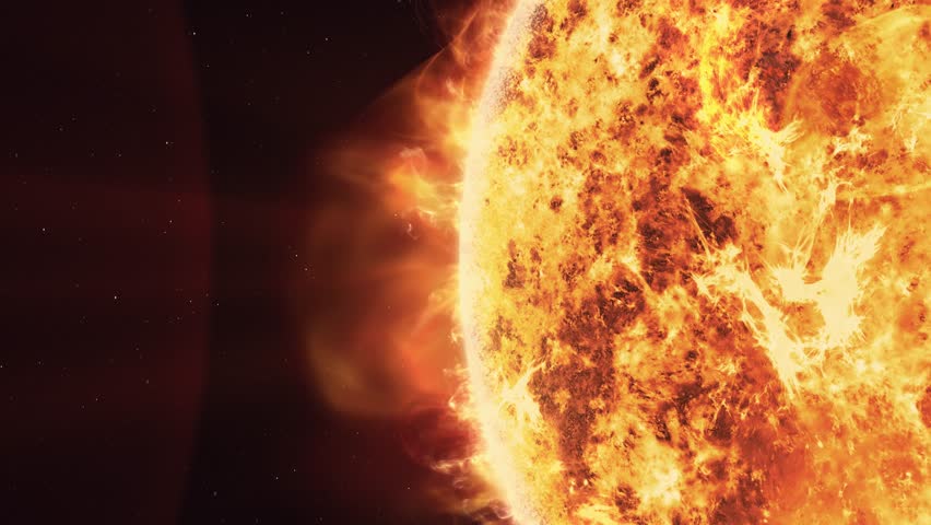 Intense solar flares erupting from the surface of a giant fiery star against deep space background cinematic footage