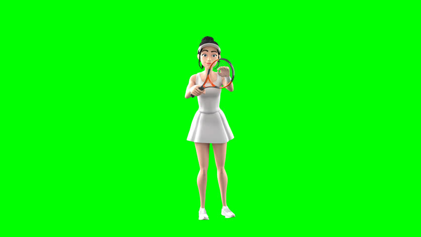 3D Tennis Player Girl Fixing Racquet Green Screen animation showing a female athlete adjusting tennis racquet. Perfect for sports promo, training video, fitness ads, and athletic presentation use.
