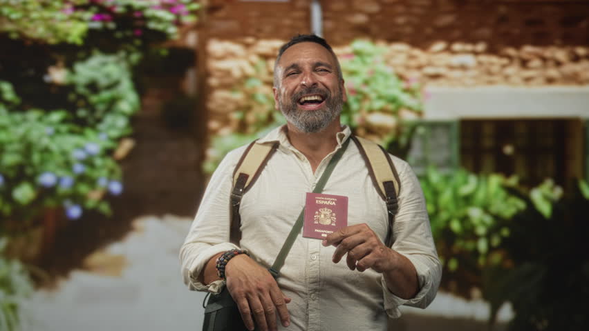 Man holding passport and smiling with hand raised beside backpack at building entrance of a sunlit building outdoors; travel joy.