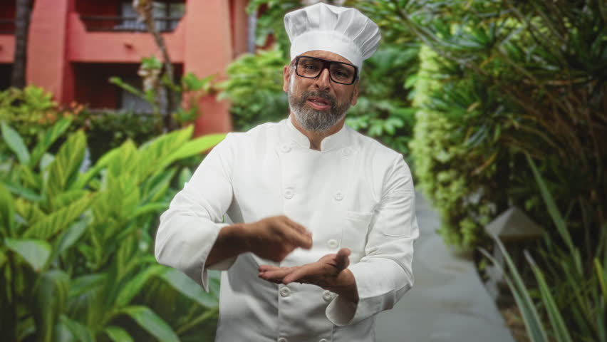 Man chef with hands gesturing in front of building amid lush plants and walkway; culinary reflection thoughtful.