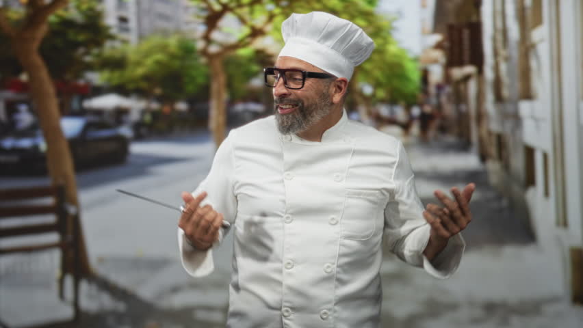 Man chef in white uniform and hat holding a cleaver with bare hands and thumbs pointing to chest on street; confidence.