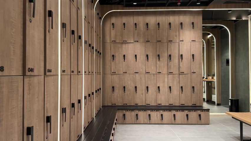 high-end locker room with warm wooden lockers, soft lighting, and bench seating, designed for gyms, spas, and luxury wellness facilities. ideal for themes of fitness lifestyle, resort amenities