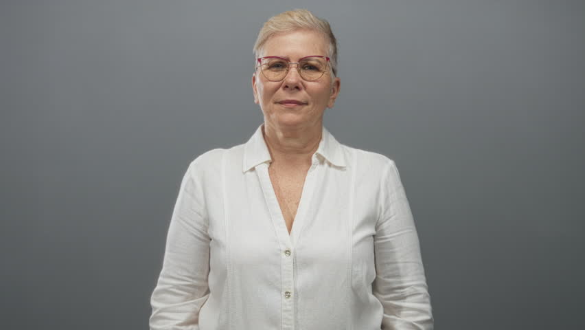 Middle aged woman wearing glasses and white shirt looking to the side with mouth slightly open in gray studio; quiet concern.