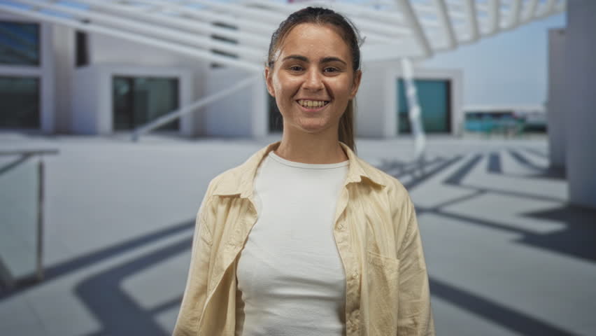 Woman smiling with closed eyes and visible teeth in front of building plaza; optimism youth urban confidence.