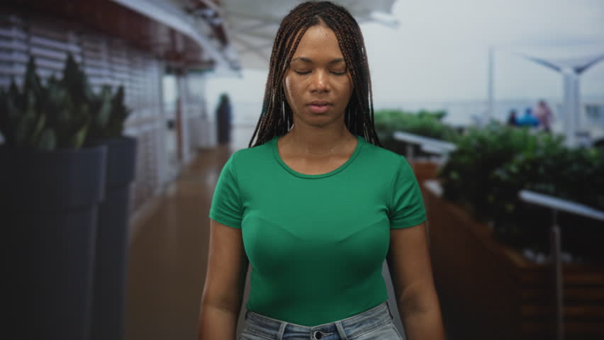 Woman holds cardboard protest sign reading power to the people on a street promenade, wearing green shirt and jeans while facing camera; empowerment protest.