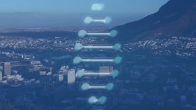 Animation of dna rotating over cityscape at sunset. global science, data processing and technology concept digitally generated video. - Powered by Shutterstock - Get 15% off with code: PIKWIZARD15