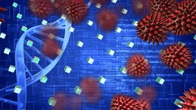 Animation of covid 19 cells, dna strand and rows of green cubes over data processing. global covid 19 pandemic, science and research concept digitally generated video. - Powered by Shutterstock - Get 15% off with code: PIKWIZARD15