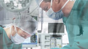 Animation of timelapse with walking people over team of caucasian surgeons during operation. health, medicine, accidents and city life concept digitally generated video. - Powered by Shutterstock - Get 15% off with code: PIKWIZARD15