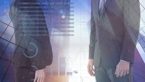 Animation of financial data and graphs over diverse businessmen shaking hands and skyscrapers. Business, finance and cooperation concept digitally generated video. - Powered by Shutterstock - Get 15% off with code: PIKWIZARD15