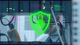 Animation of data processing and padlock over caucasian male worker in server room. Global business and digital interface concept digitally generated video. - Powered by Shutterstock - Get 15% off with code: PIKWIZARD15