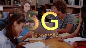 Animation of 5g text banner spinning over group of male and female college students studying. Global networking and education technology concept - Powered by Shutterstock - Get 15% off with code: PIKWIZARD15
