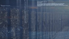 Animation of data processing over screens of microprocessor connections against computer server room. Global networking and business data storage technology concept - Powered by Shutterstock - Get 15% off with code: PIKWIZARD15