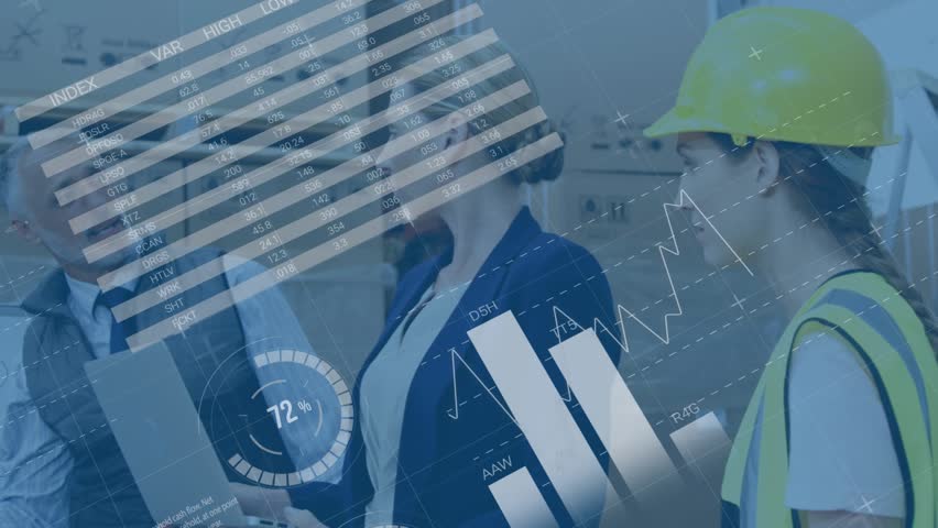 Animation of infographic interface over caucasian coworkers discussing plans over whiteboard. Digital composite, multiple exposure, global, report, office, database, communication and technology.