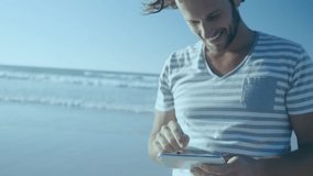 Animation of financial data processing against caucasian man using smartphone at the beach. Global finance and business technology concept - Powered by Shutterstock - Get 15% off with code: PIKWIZARD15