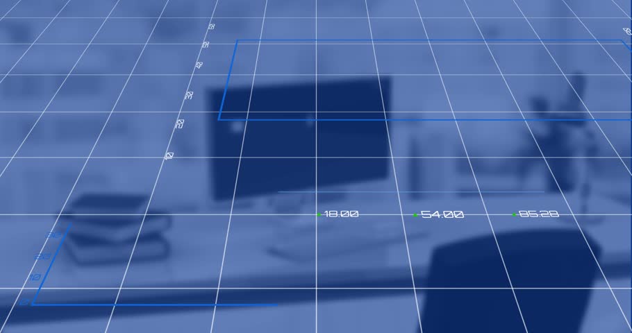 Animation of multiple graphs with changing numbers over unoccupied chair, book and desktop on desk. Digital composite, multiple exposure, report, business, growth and technology concept.