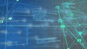 Animation of globes of digital icons, glowing light trails and data processing on blue background. Global networking and business technology concept - Powered by Shutterstock - Get 15% off with code: PIKWIZARD15