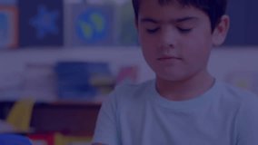 Animation of data processing on graph over blind caucasian schoolboy in elementary school class. Education, digital interface, disability, statistics and learning, digitally generated video. - Powered by Shutterstock - Get 15% off with code: PIKWIZARD15