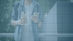 Man holding cup checking smartphone by metal railing, grid annotations rising into tech line graphs. Urban, technology, analytics, casual, professional, productivity, digital - Powered by Shutterstock - Get 15% off with code: PIKWIZARD15