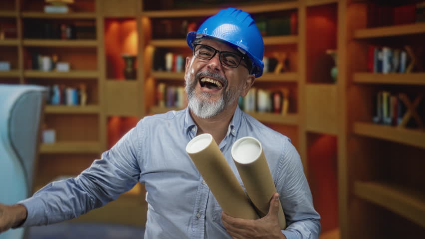 Man wearing blue hardhat holding rolled plans making rock horns gesture in building; joy celebration.