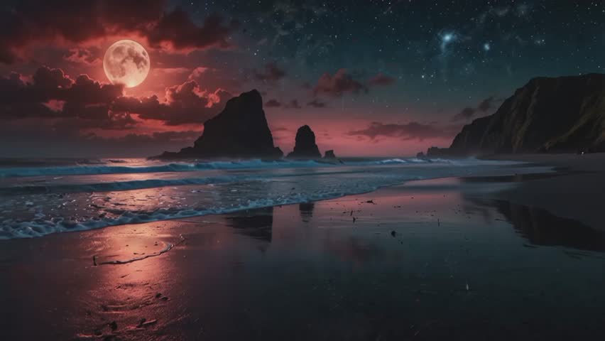 A stunning mystical beach scene under a dramatic night sky. On the left, a giant, reddish-orange full moon (like a blood moon) shines brightly behind dark clouds.