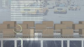 Animation of icons and financial data processing over boxes on conveyor belts and cityscape. global shipping, delivery and connections concept digitally generated video. - Powered by Shutterstock - Get 15% off with code: PIKWIZARD15