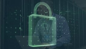 Animation of padlock and data processing over caucasian male it technician by server. global online security, digital interface and data processing concept digitally generated video. - Powered by Shutterstock - Get 15% off with code: PIKWIZARD15