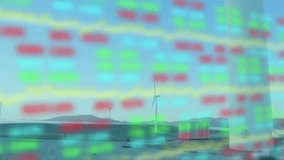 Animation of statistics and data processing over wind turbine. global environment, sustainability, technology, business and data processing concept digitally generated video. - Powered by Shutterstock - Get 15% off with code: PIKWIZARD15