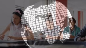 Data processing and spinning globe over african american boy using digital tablet in class at school. School and education technology concept - Powered by Shutterstock - Get 15% off with code: PIKWIZARD15