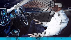 Animation of data processing and globe over caucasian man in vr headset and futuristic car. Animation of data processing and binary code over caucasian man in vr headset and futuristic car. - Powered by Shutterstock - Get 15% off with code: PIKWIZARD15