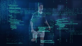 Data processing over caucasian male soccer player kicking the ball against blue background. Computer interface and sports technology concept - Powered by Shutterstock - Get 15% off with code: PIKWIZARD15