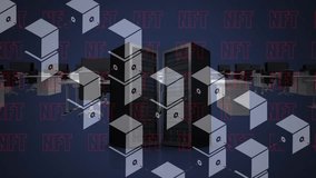Animation of cubes and nft text over server room. Global technology, computing and digital interface concept digitally generated video. - Powered by Shutterstock - Get 15% off with code: PIKWIZARD15