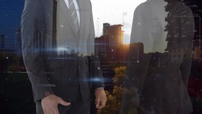Animation of data processing over businessman handshake. Business travel and technology concept. - Powered by Shutterstock - Get 15% off with code: PIKWIZARD15
