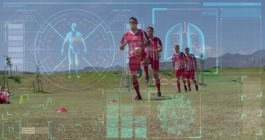 Animation of screen with biological data over diverse male soccer players during training. Sport, soccer, durability and technology concept digitally generated video.