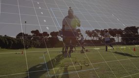 Animation of data processing and statistics over diverse football players on pitch. Global sports, competition, computing and data processing concept digitally generated video. - Powered by Shutterstock - Get 15% off with code: PIKWIZARD15
