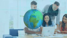 Animation of globe and data processing over diverse office colleagues using laptop at office. Global networking and business technology concept - Powered by Shutterstock - Get 15% off with code: PIKWIZARD15