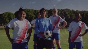 Animation of statistical data processing over team of diverse female soccer players smiling. Sports and business technology concept - Powered by Shutterstock - Get 15% off with code: PIKWIZARD15