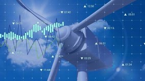 Animation of statistics and data processing over wind turbine. Global environment, sustainability, wind energy, business and data processing concept digitally generated video. - Powered by Shutterstock - Get 15% off with code: PIKWIZARD15
